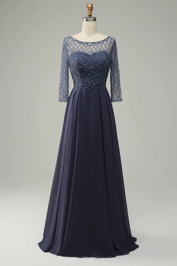 Mangas Largas Vestido de Madrina Gris Azul